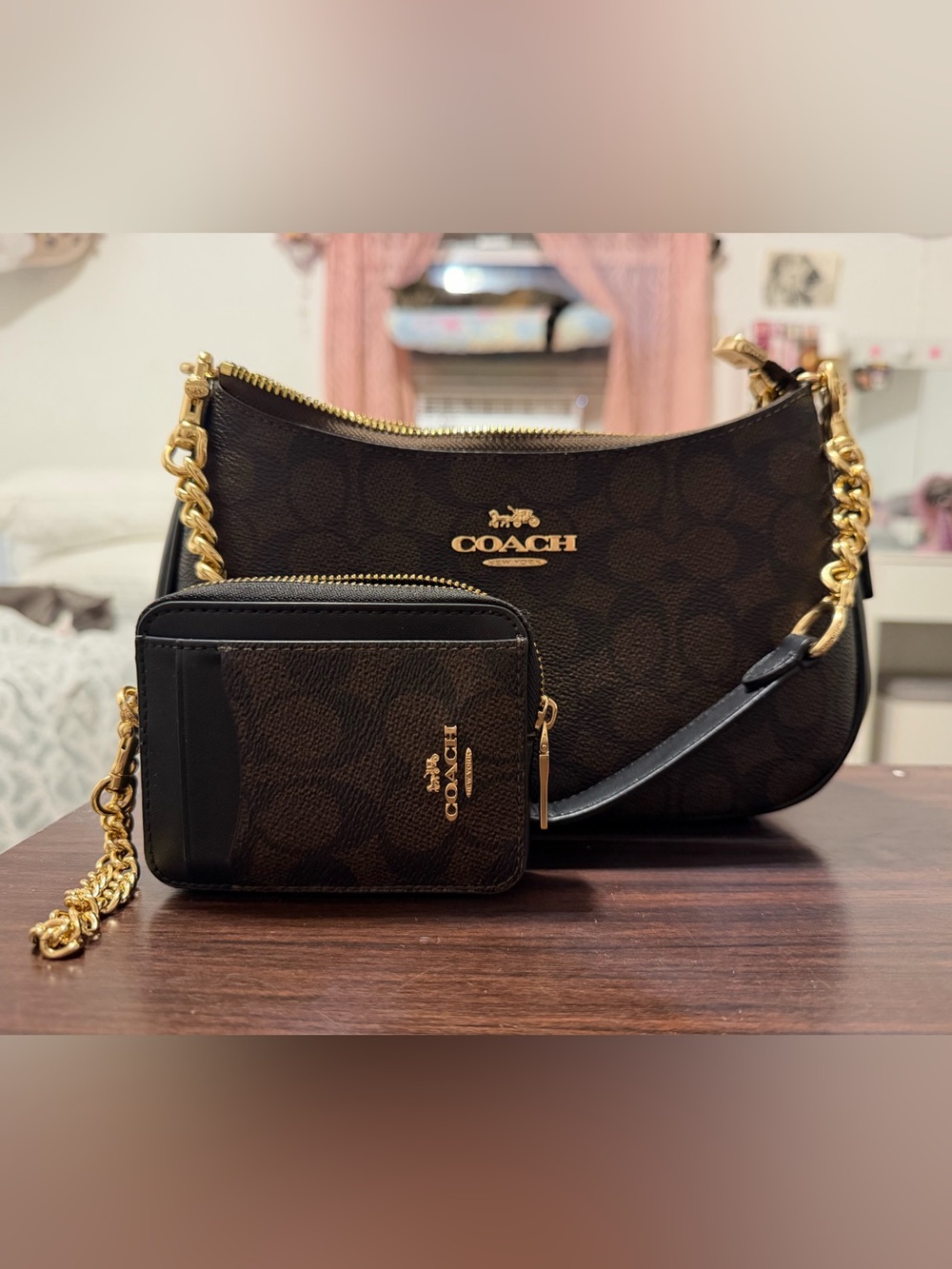 Coach Brown Signature Canvas Shoulder Bag and Zip Card Wallet